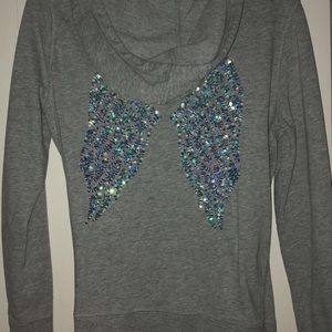 Victoria Secret Grey Zip Up Jacket with Sequins Wings on Back Size Medium.